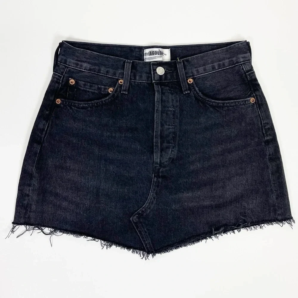 NEW AGOLDE Parker Angled Denim Jean Skirt Womens 24 Black Distressed Frayed Edge